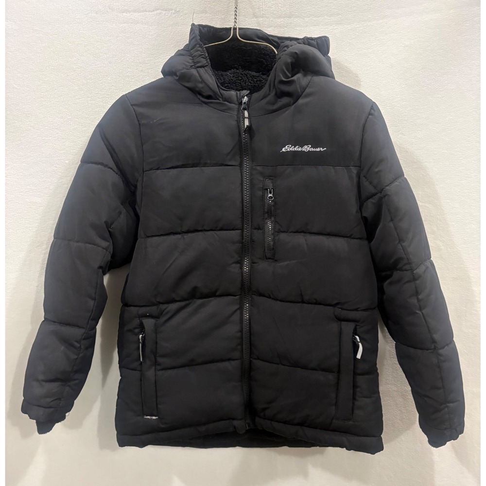 Eddie Bauer Kids Black Sherpa Lined Hooded Puffer Jacket Size 7 E734OW534